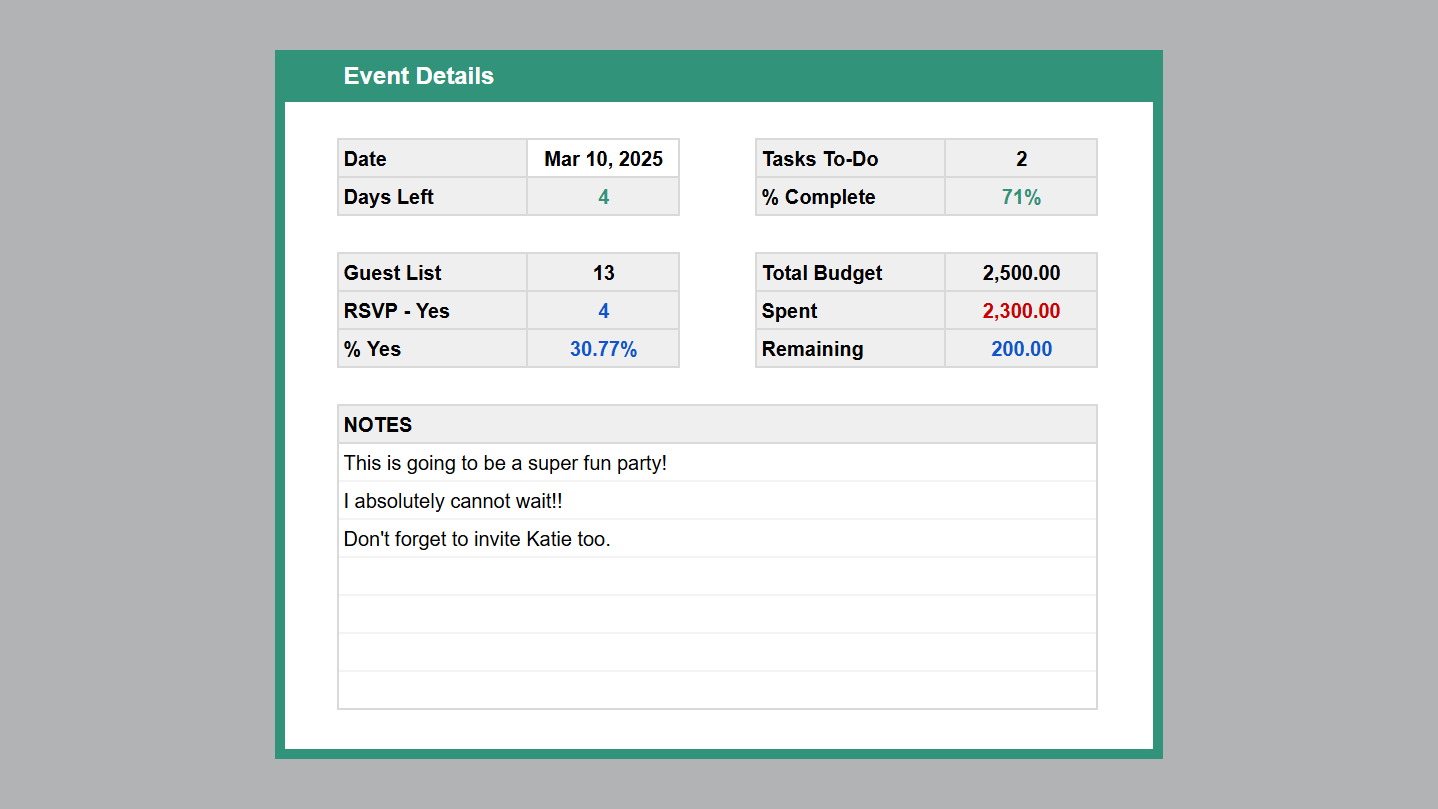 Google Sheets Event Planner